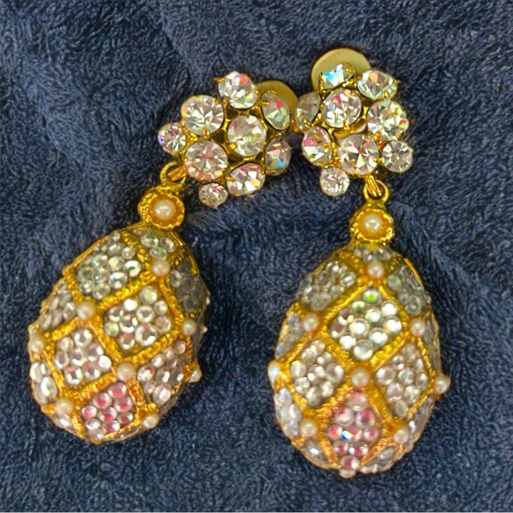 Vintage Simon Sebbag Crystal Egg Drop Earrings- Gold Clip On